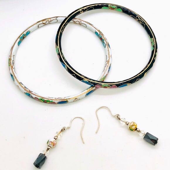 Vintage Cloisonné 925 Earrings & Bangle Bracelet Stack - Picture 11 of 11